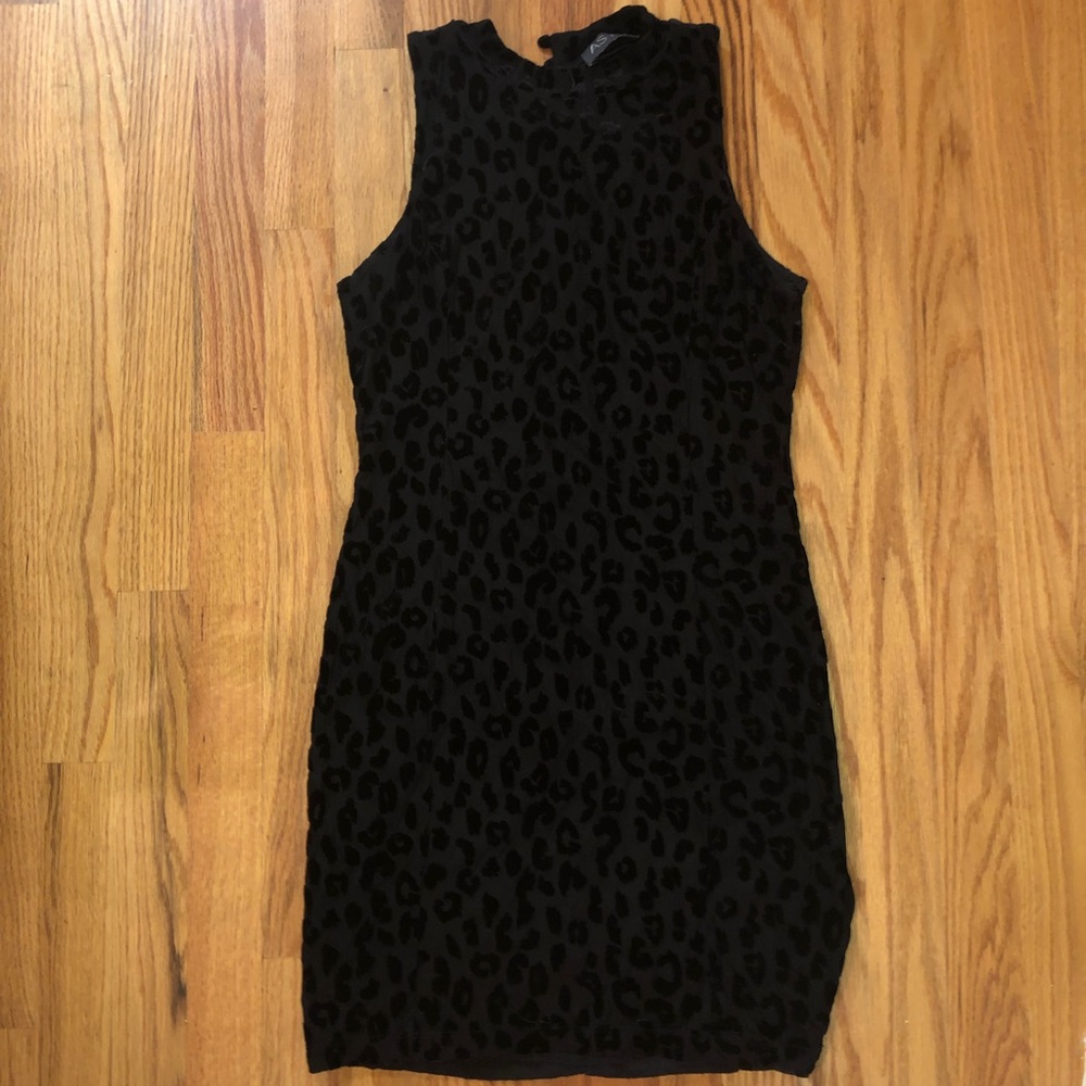 Leopard black bodycon high neck dress L
